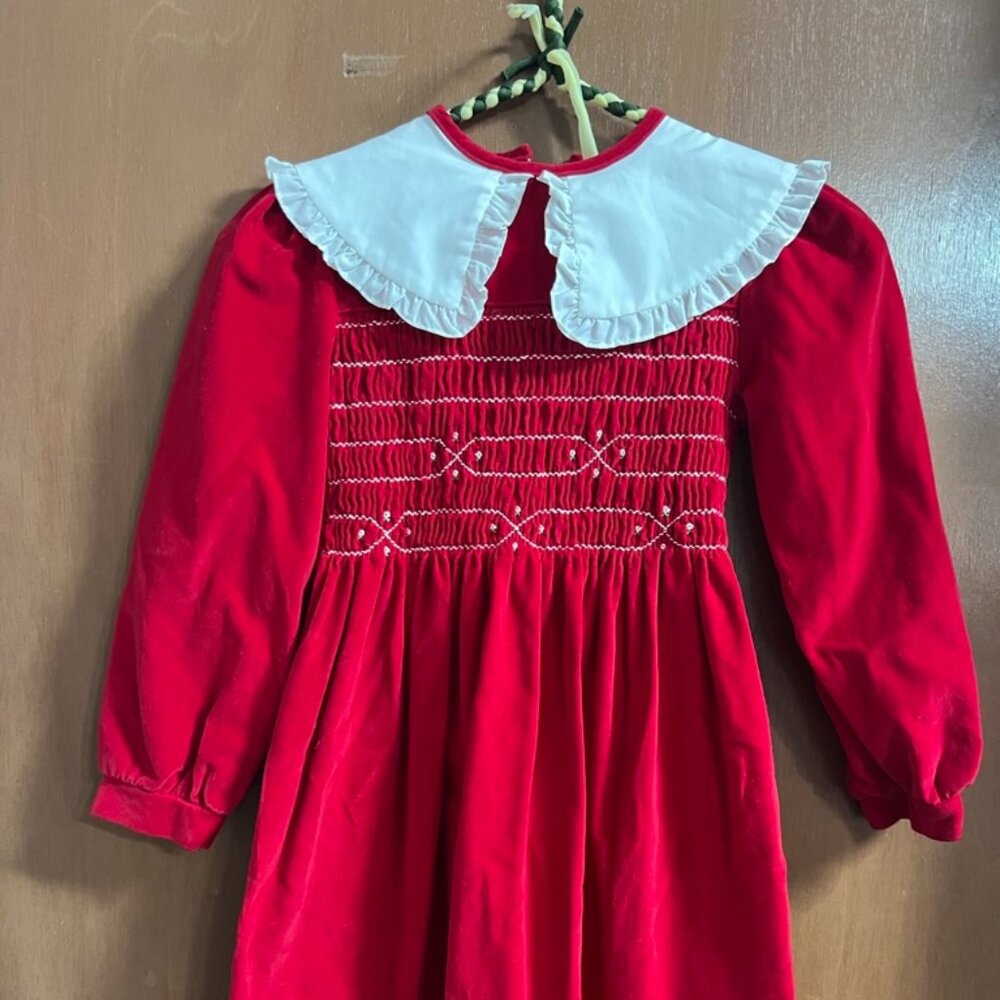 Red Velvet Vintage Holiday Dress Girls Polly Flinders 7 Smocked